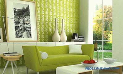 Фисташка боја во внатрешноста - кујна, дневна соба или спална соба и комбинација со други бои