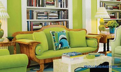 Фисташка боја во внатрешноста - кујна, дневна соба или спална соба и комбинација со други бои